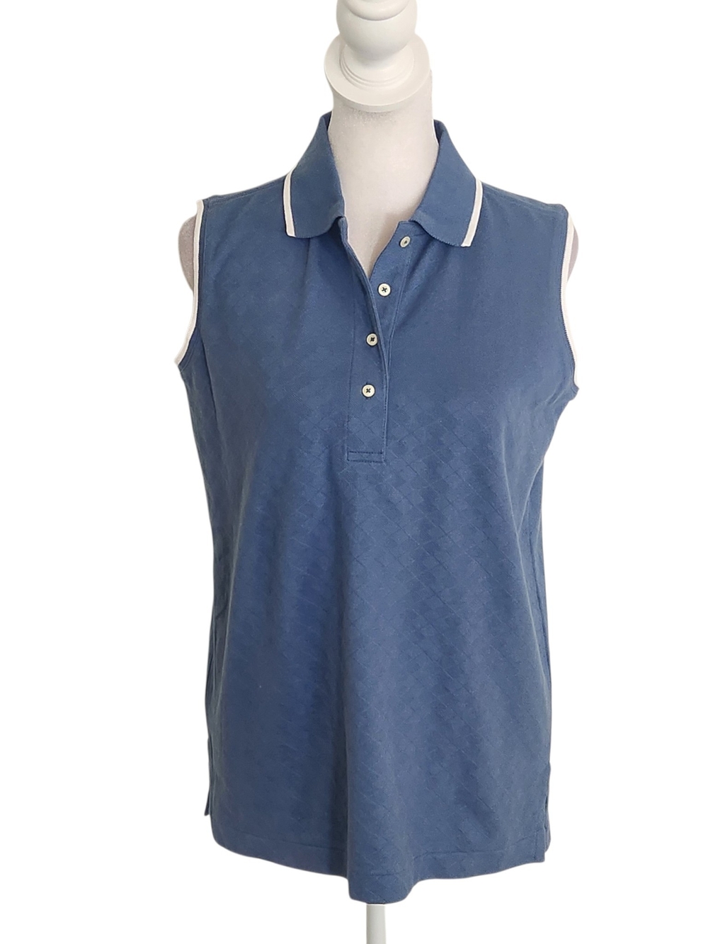 Outer Banks Slate Blue Tonal Argyle Sleeveless Polo with White Trim Size Small